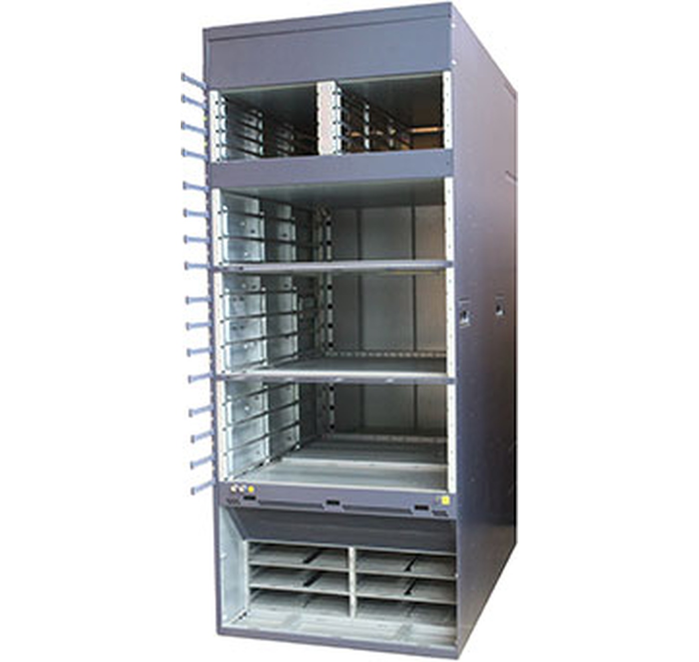 Open metal server cabinet enclosure.