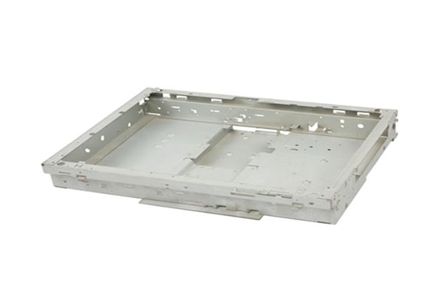 Large flat metal tray or enclosure base on a white background.
