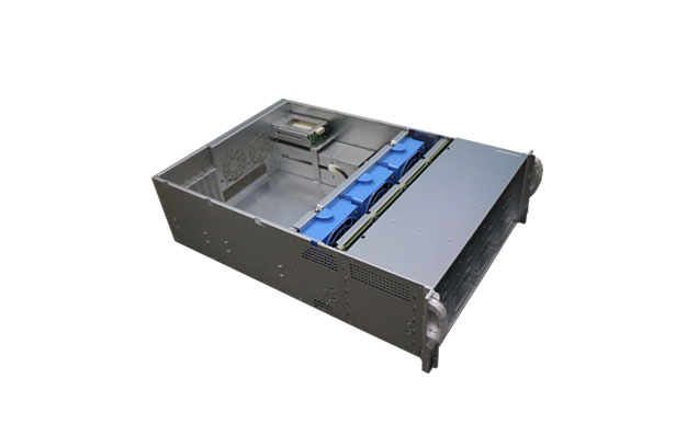 Rectangular metal tray or housing with blue internal paneling.